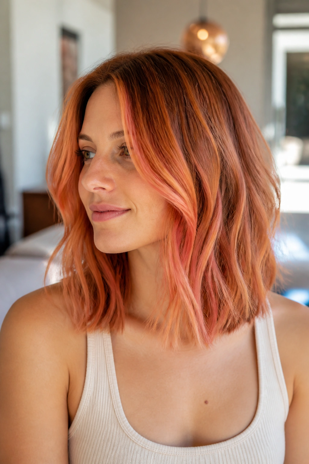 Close-up portrait of a woman with sunset balayage on a shoulder-length lob