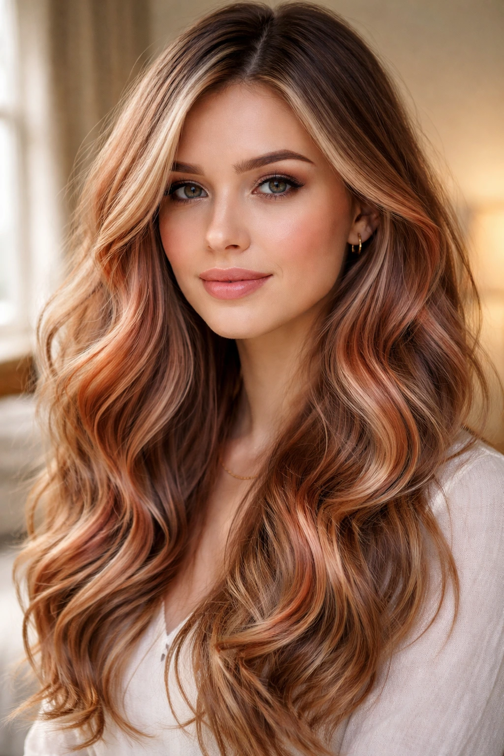 Close-up of a real woman with ash-blonde base and copper highlights in sunlit room
