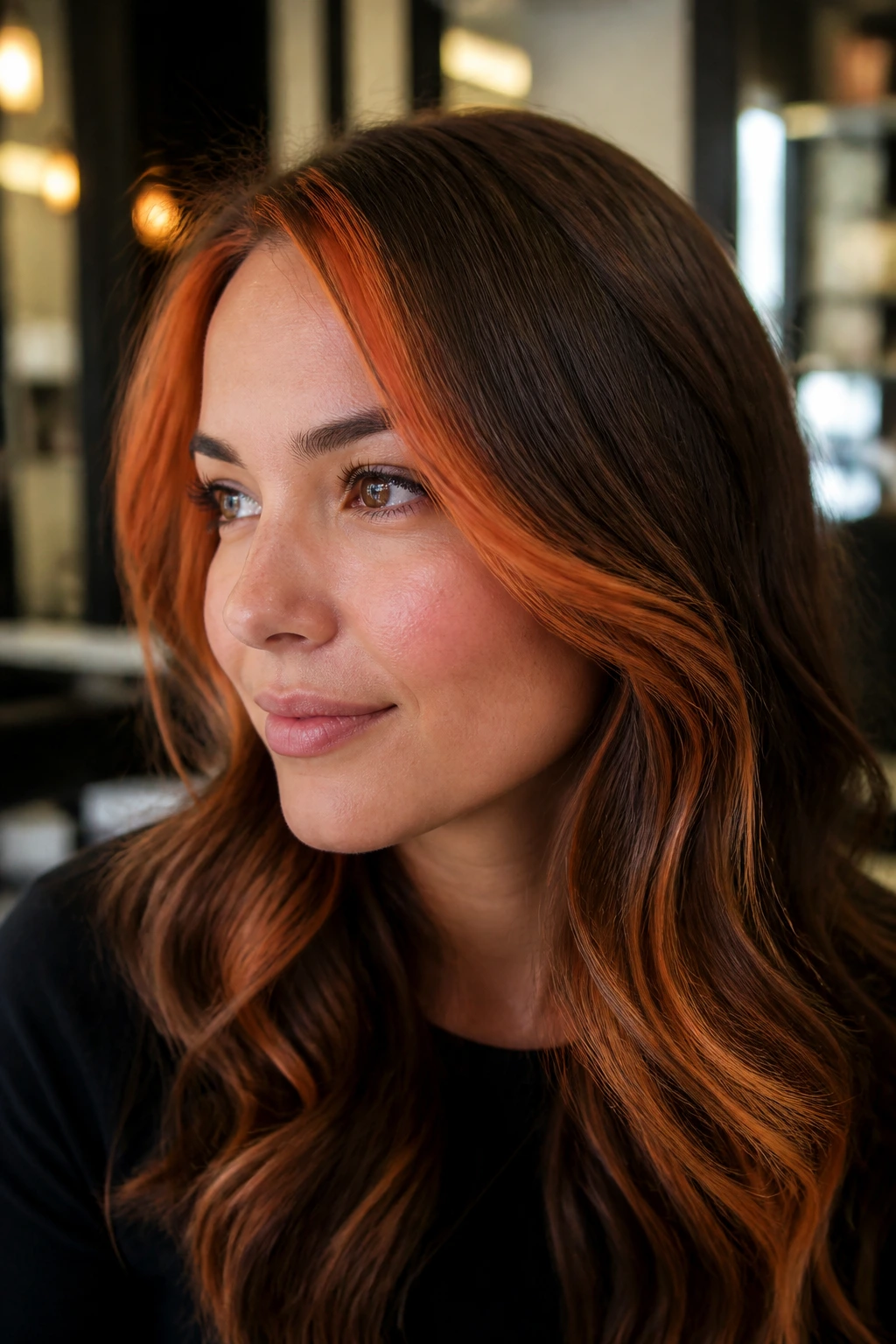 Close-up of a real woman's hair featuring a sunset copper money piece at the front.