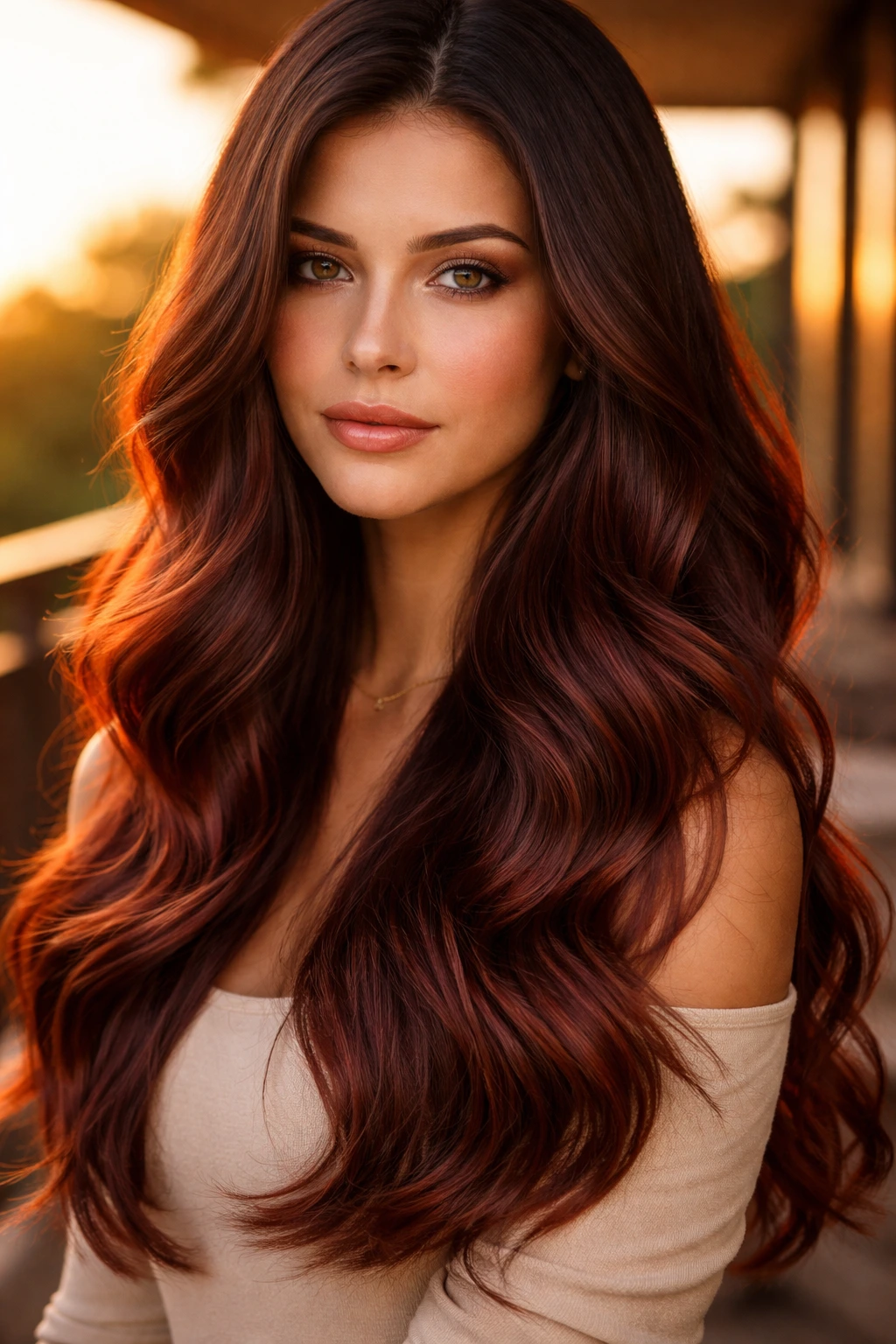 Close-up of brunette hair with sunset mahogany gradient and gloss