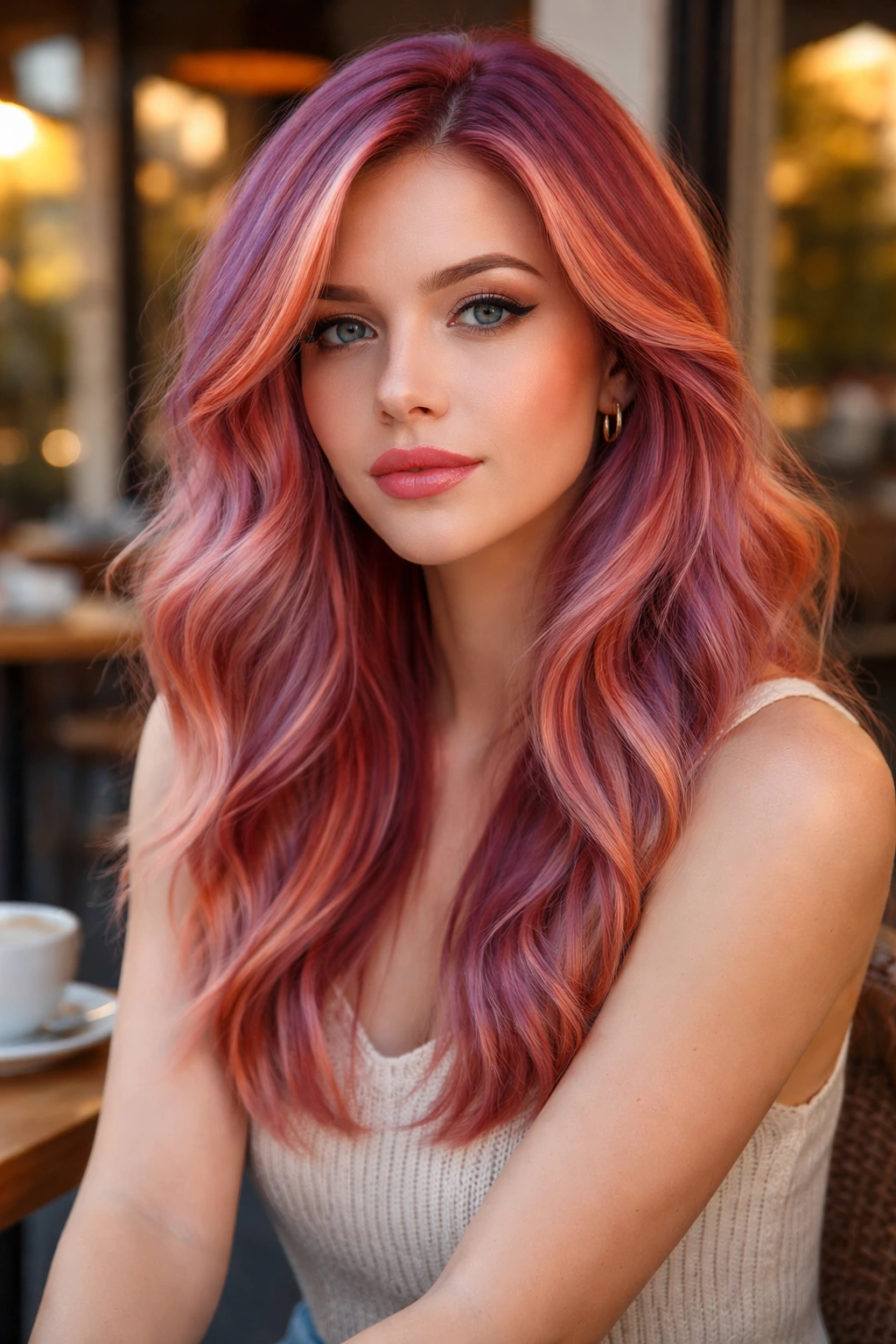 Close-up portrait of a person with sunset mauve hair during golden hour light