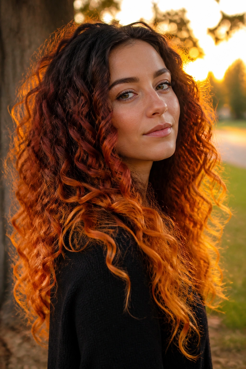 Close-up of a real woman with long curls in sunset ombré from deep roots to orange-gold ends