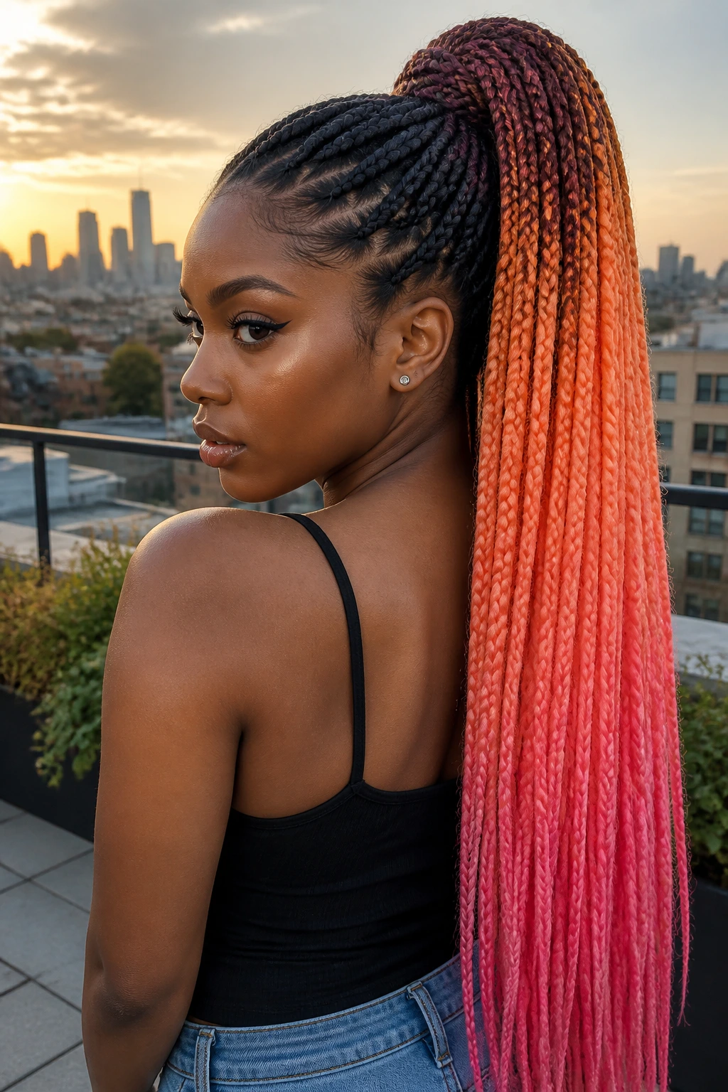 Medium close-up of a woman with a sunset ombré feed-in ponytail braid during golden hour