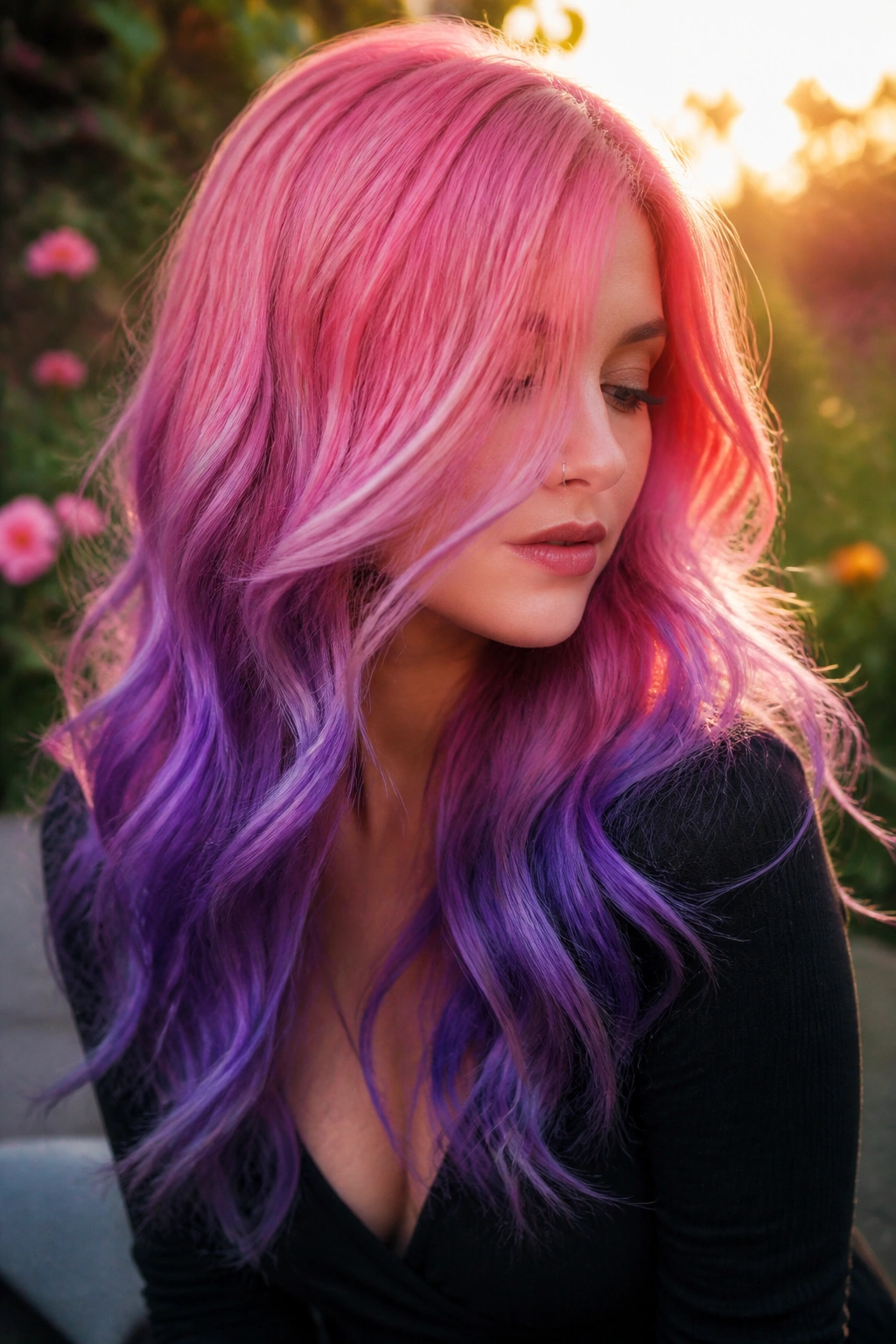 Close-up of a real woman with wavy layered hair in sunset orchid ombre