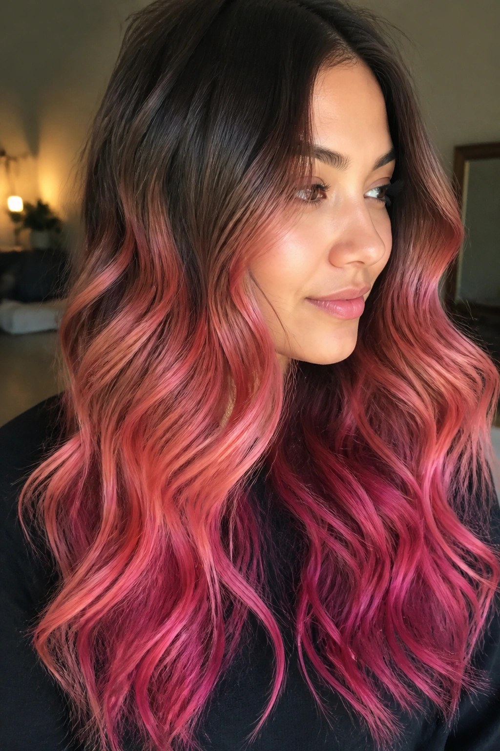 Close-up portrait of a real woman with Sunset Pink Ombré hair transitioning from brown roots to pink-berry ends