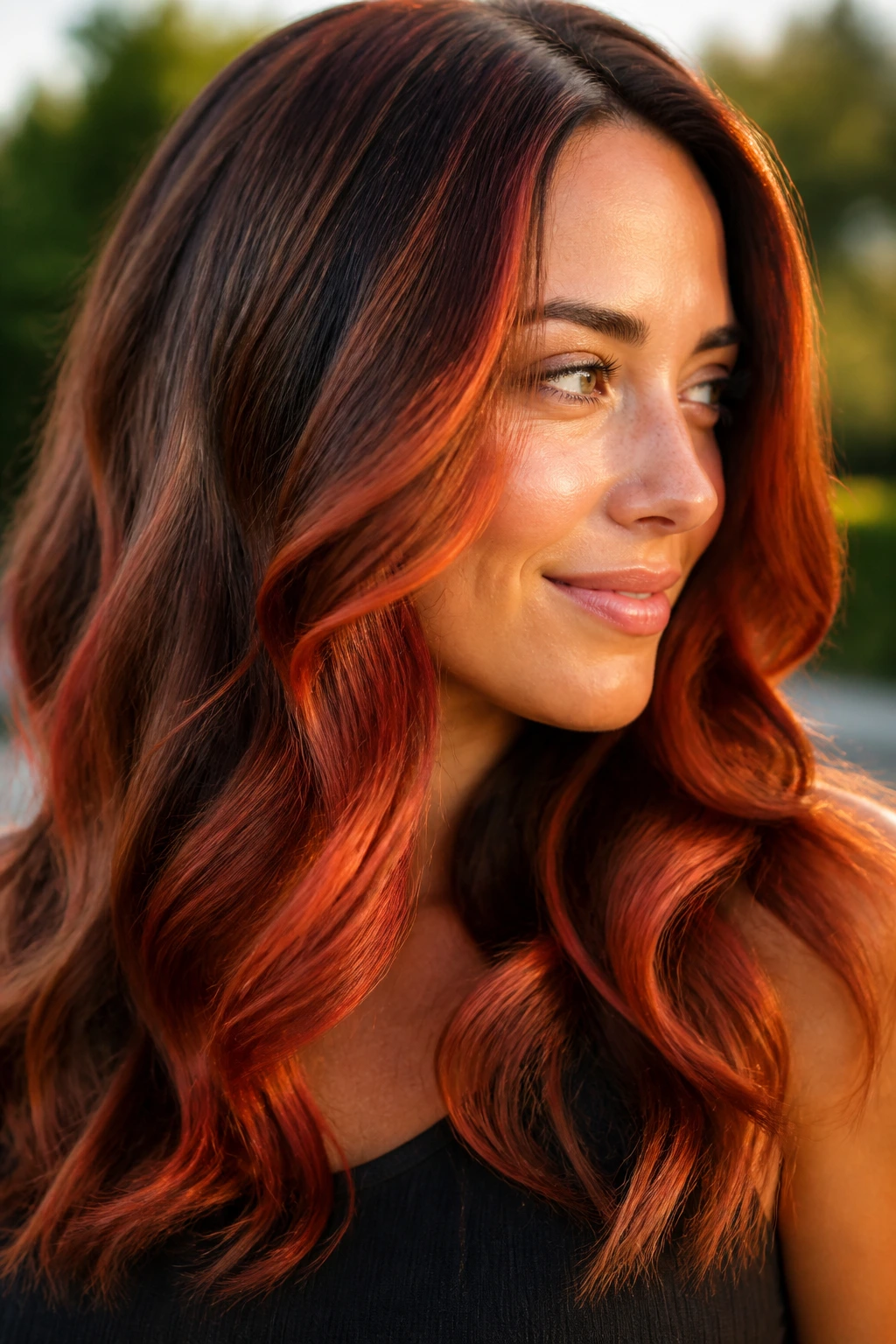 Close-up of a real woman with copper-red-orange balayage in light brown hair