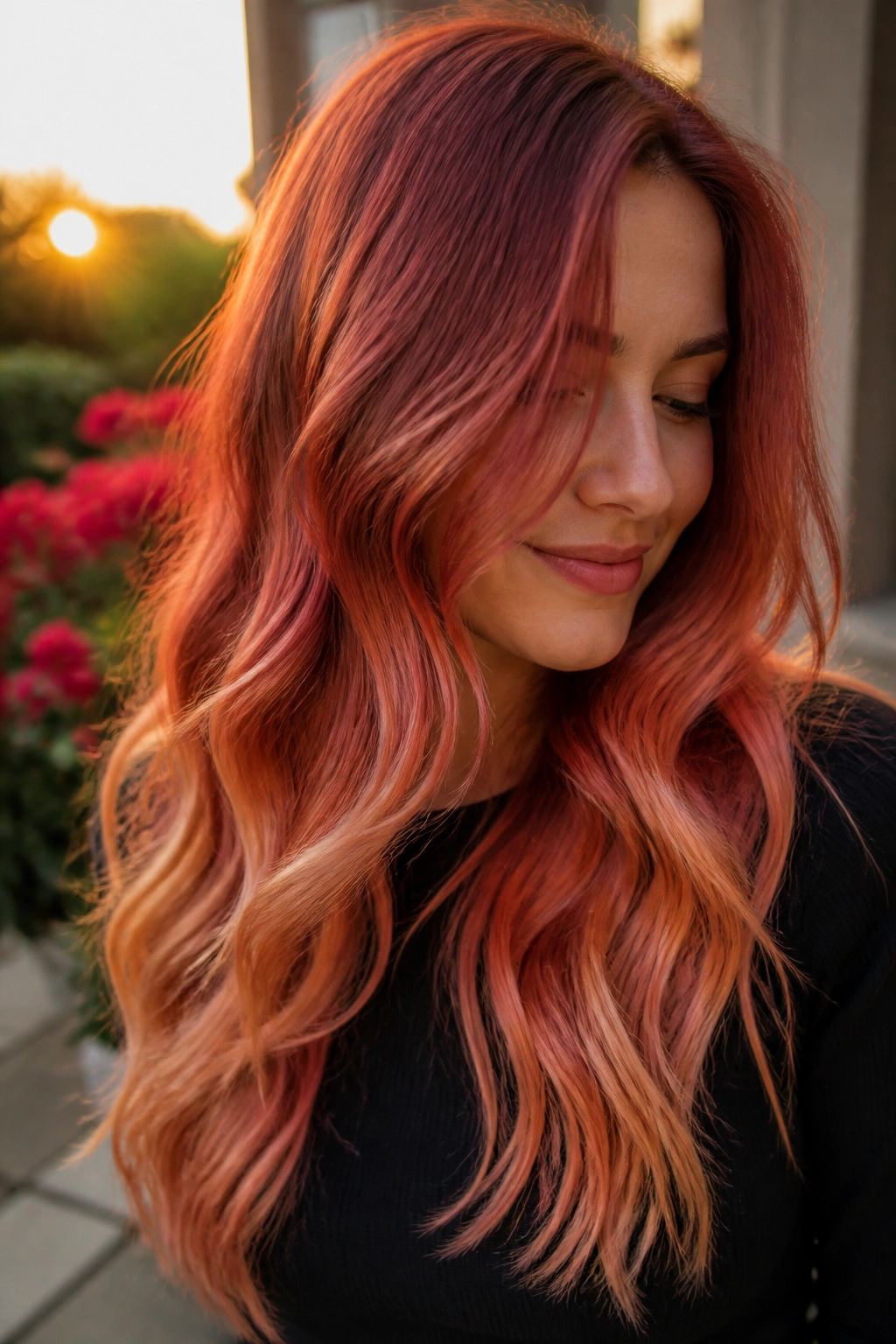 Close-up of sunset red to peachy copper ombre on long hair
