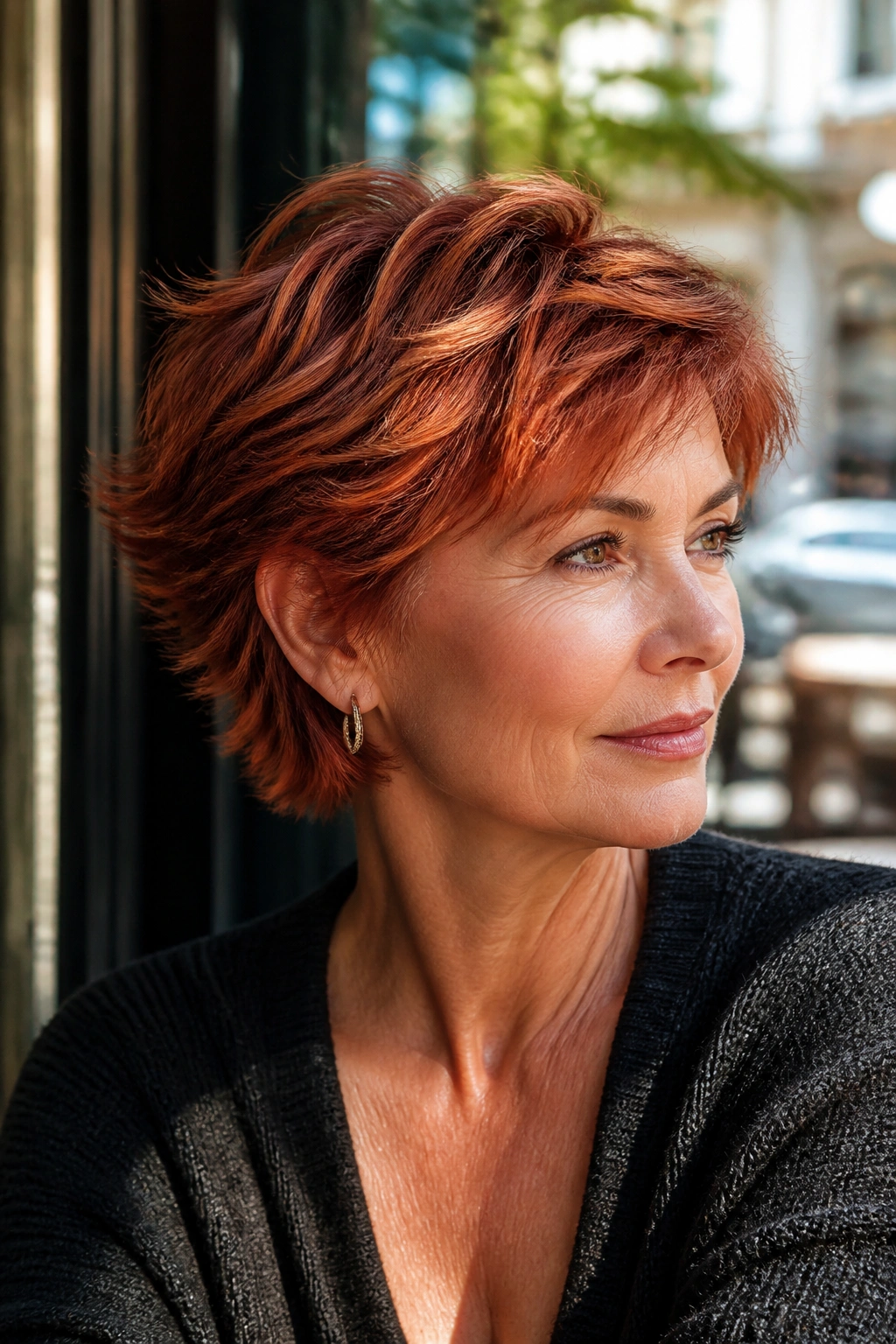 Close-up portrait of a real woman with Sunset Red Layered Pixie with Flipped Ends