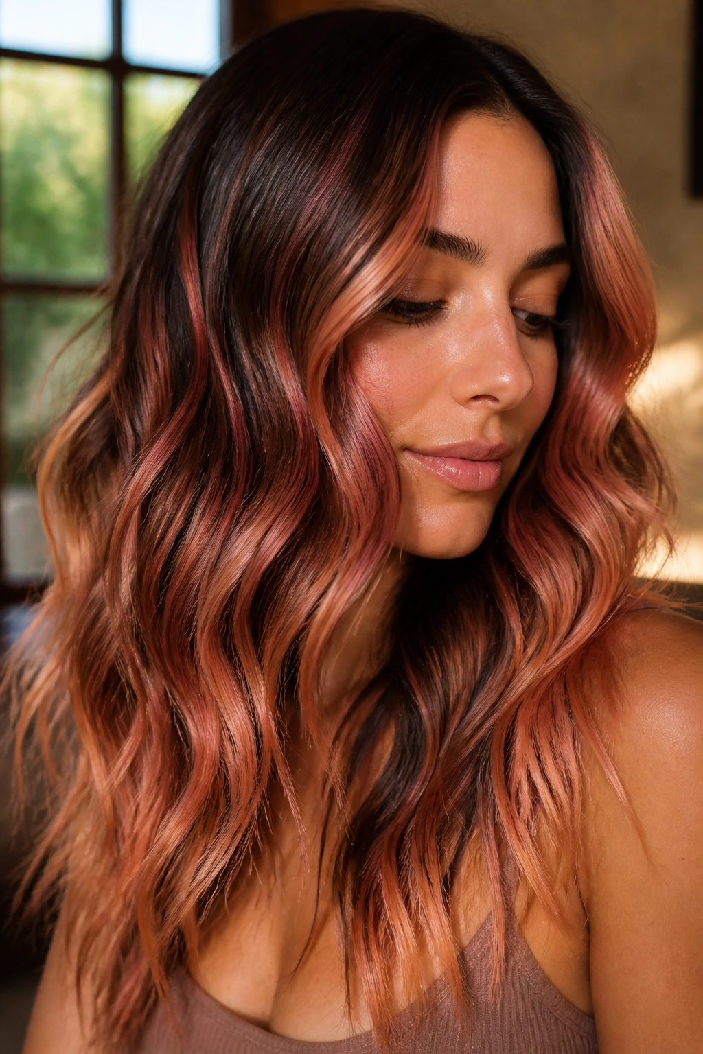 Close-up of real person with mocha hair and sunset rose balayage in golden hour light
