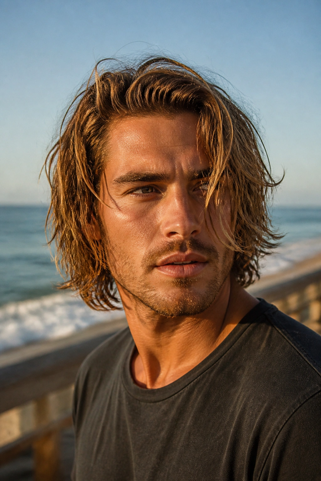 Portrait of a man with wind-tossed surf hair texture near the beach