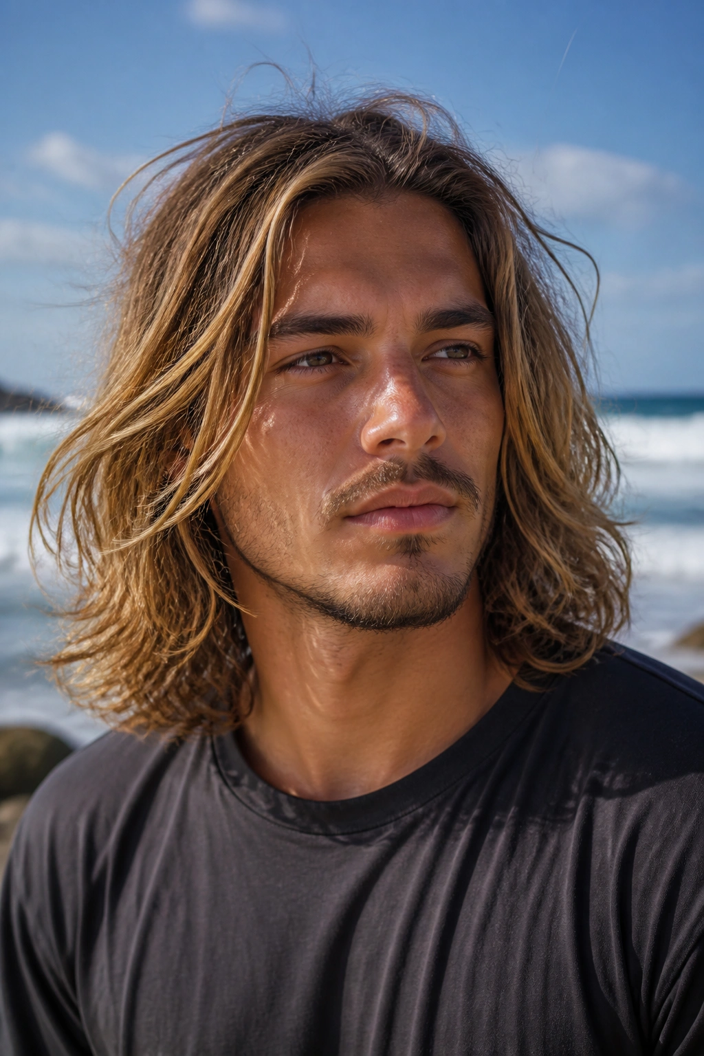 Close-up portrait of a real person with shoulder-length surfer layers by the seaside