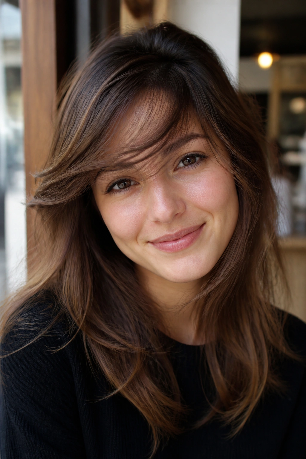 Close-up of a woman with sweeping layered fringe at cafe lighting