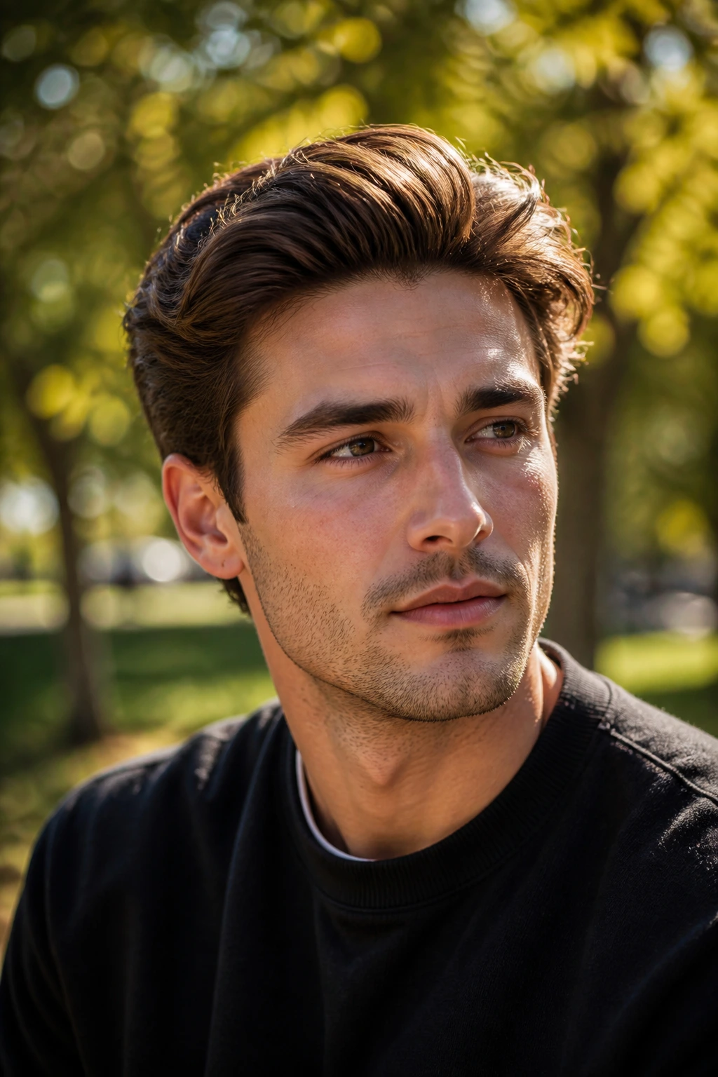 Close-up of a man with swept-back fringe lifted from the forehead in outdoor light.