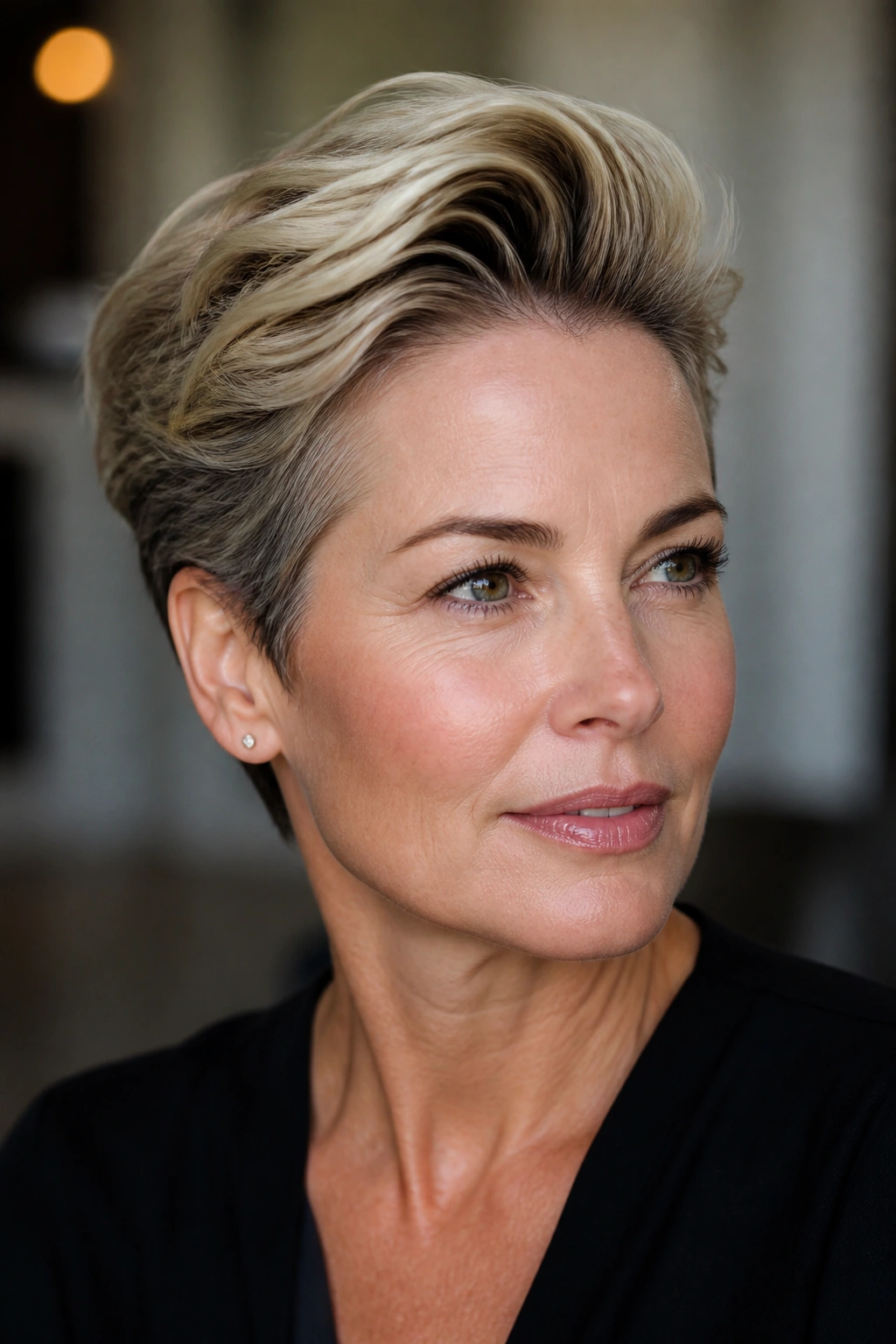 Close-up portrait of a real woman with a swept-back pixie and a clean finish
