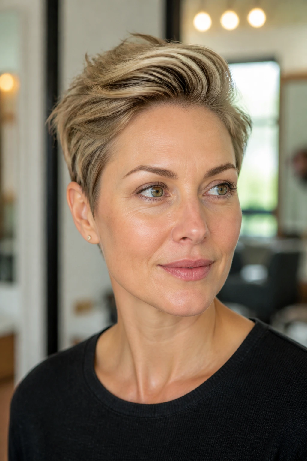 Close-up portrait of a real woman with swept-back long pixie for fine hair