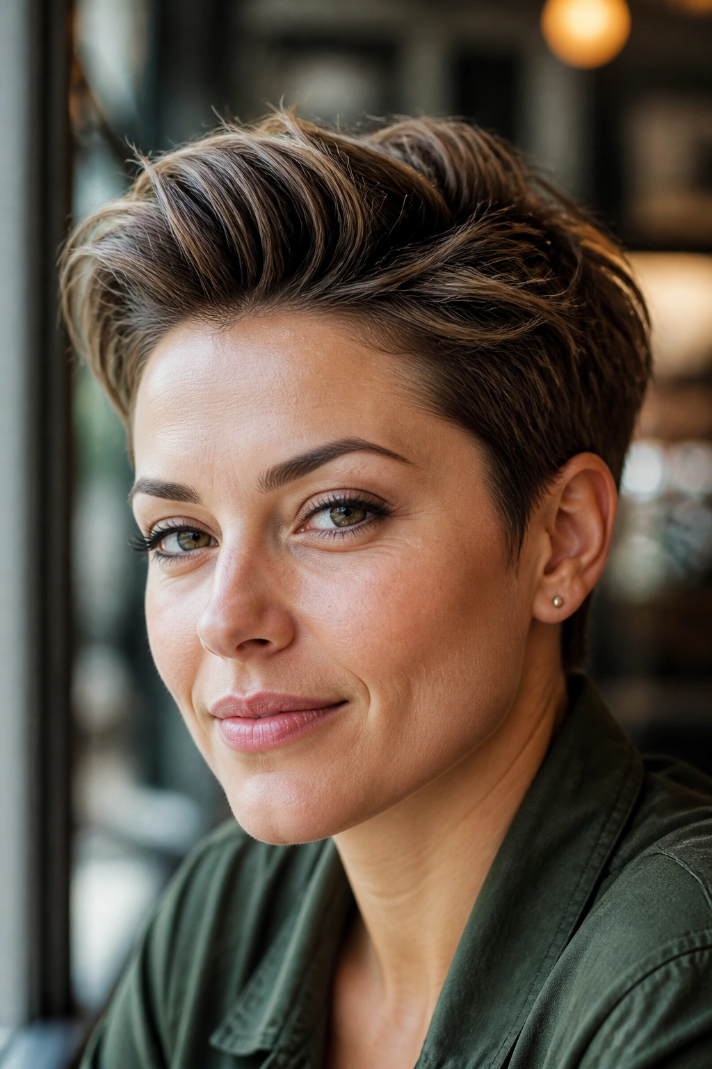 Close-up portrait of a real woman with swept-back quiff pixie showing lifted front and tight sides