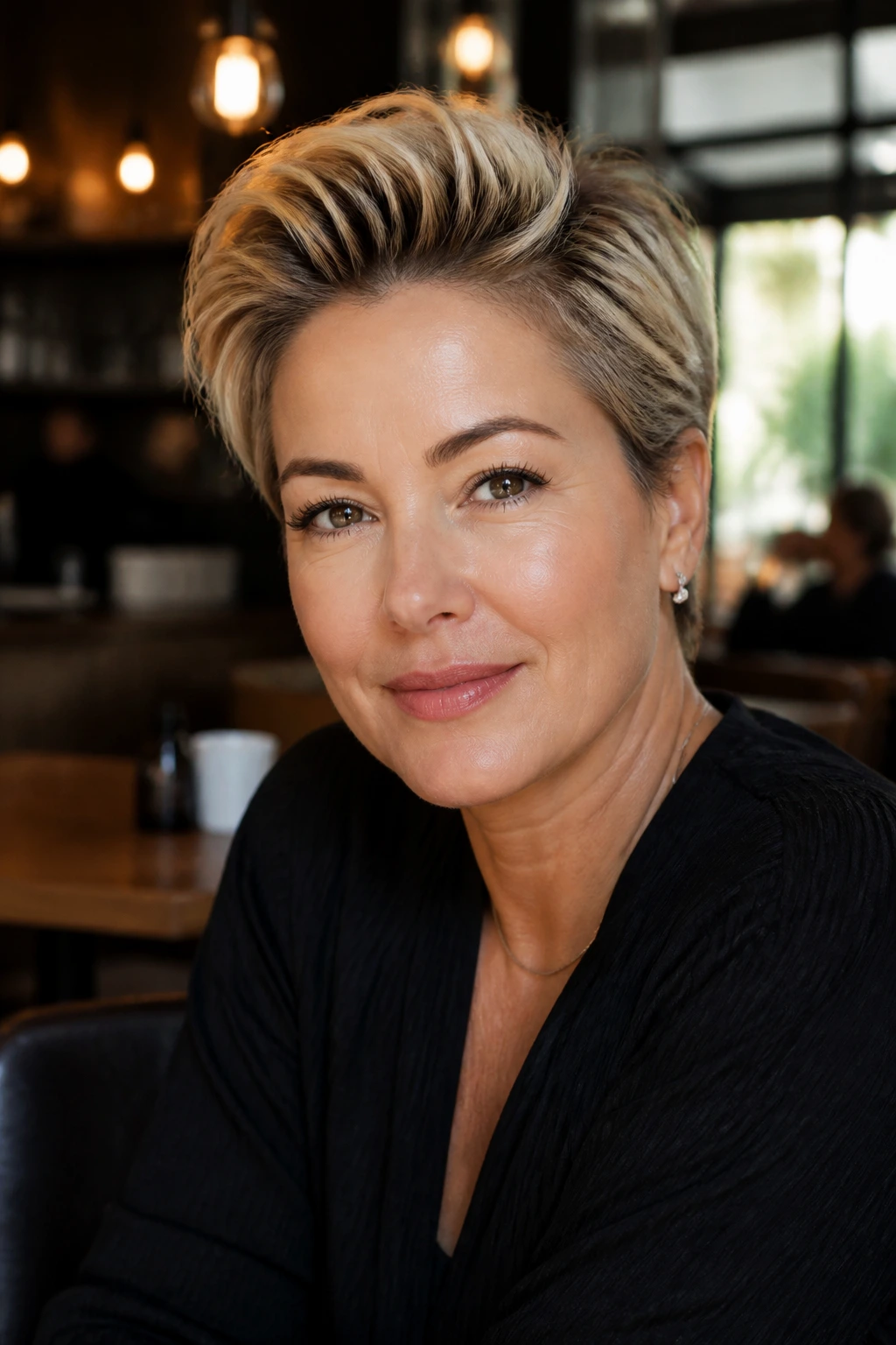 Close-up of a real woman with a swept-back pixie hairstyle
