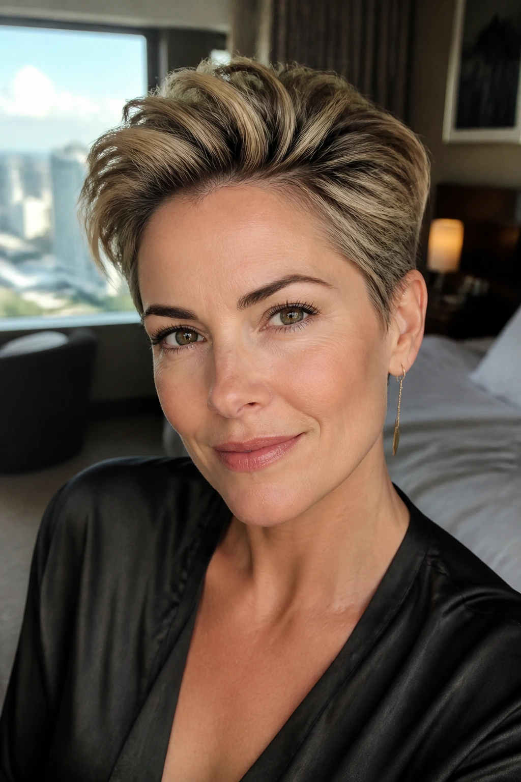 Close-up portrait of a real woman with Swept-Back Glam Pixie, crown lift