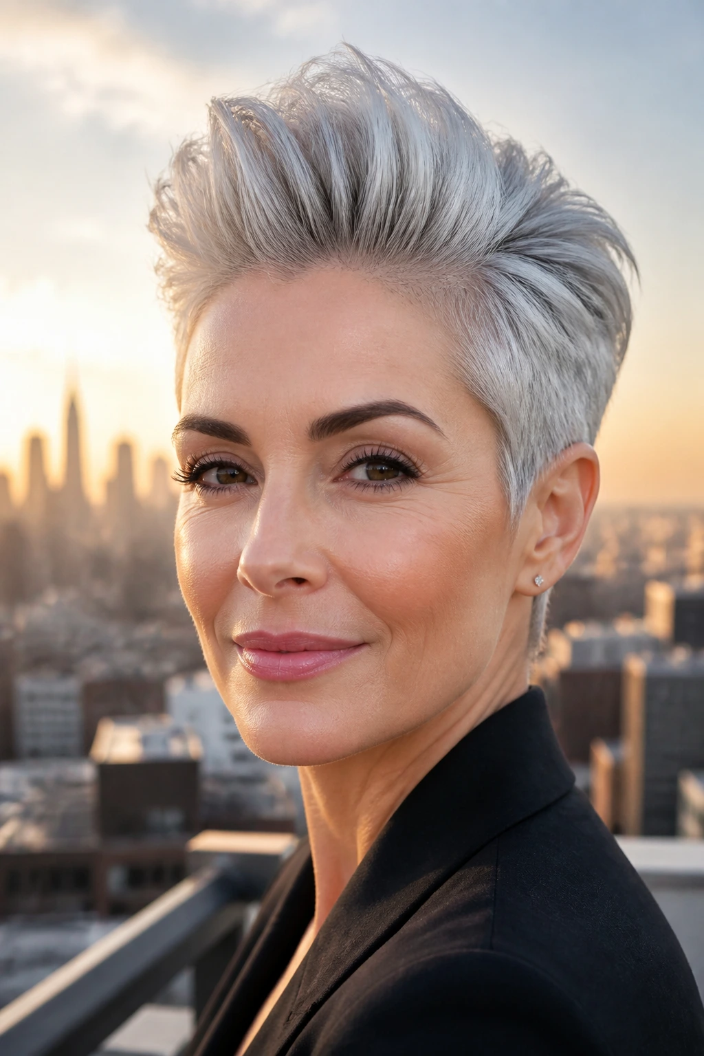 Portrait of a real person with a swept-back silver pixie and elevated crown