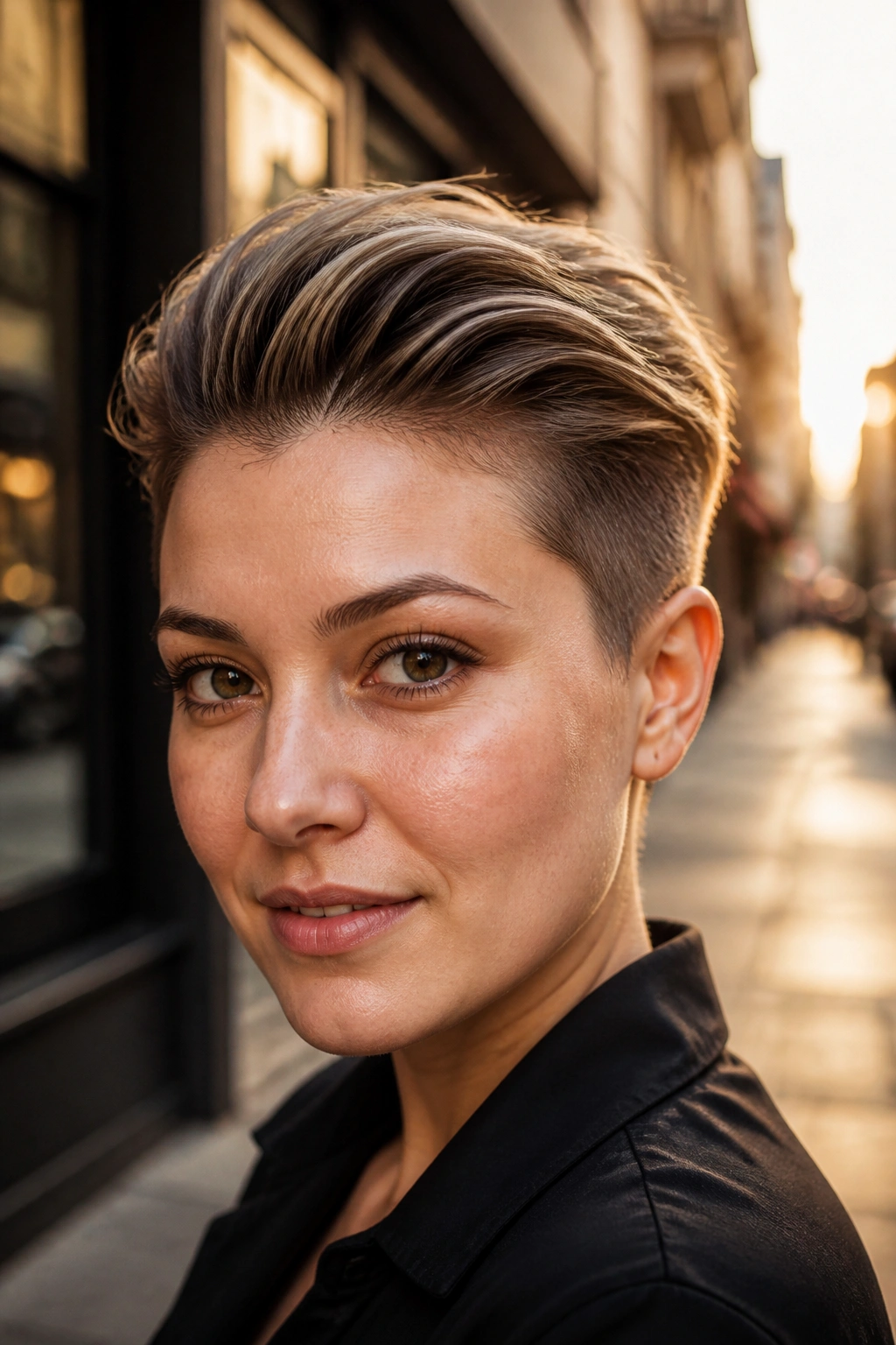 Close-up of a real person with a swept-back short cut.