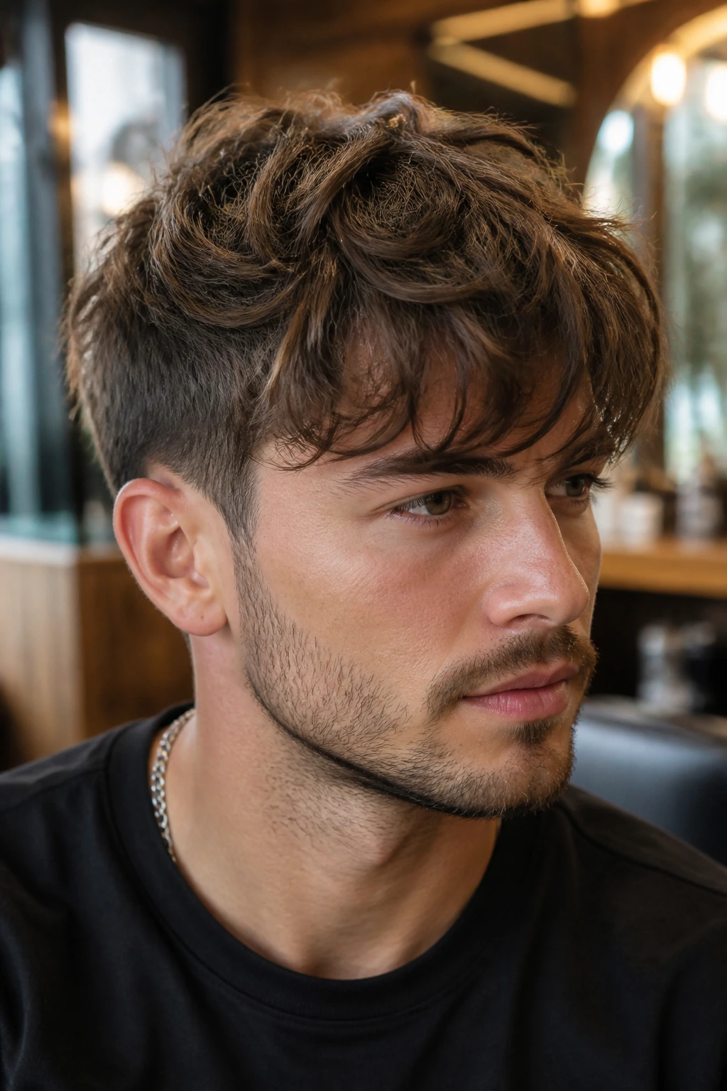 Close-up portrait of a man with swept-forward layered hairstyle in a barber shop setting