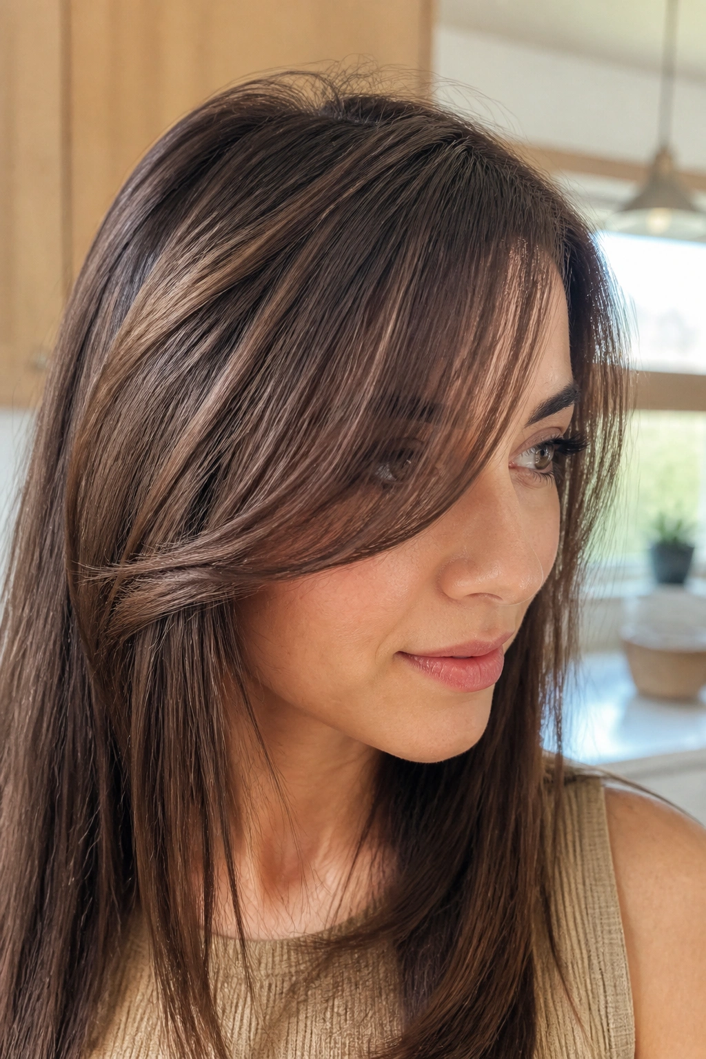 Close-up of swept-over side fringe with invisible layers on a real woman