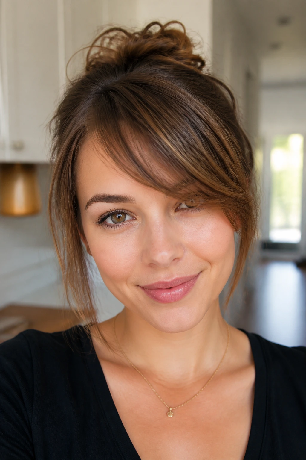 Close-up of a woman with swept-over fringe on fine hair