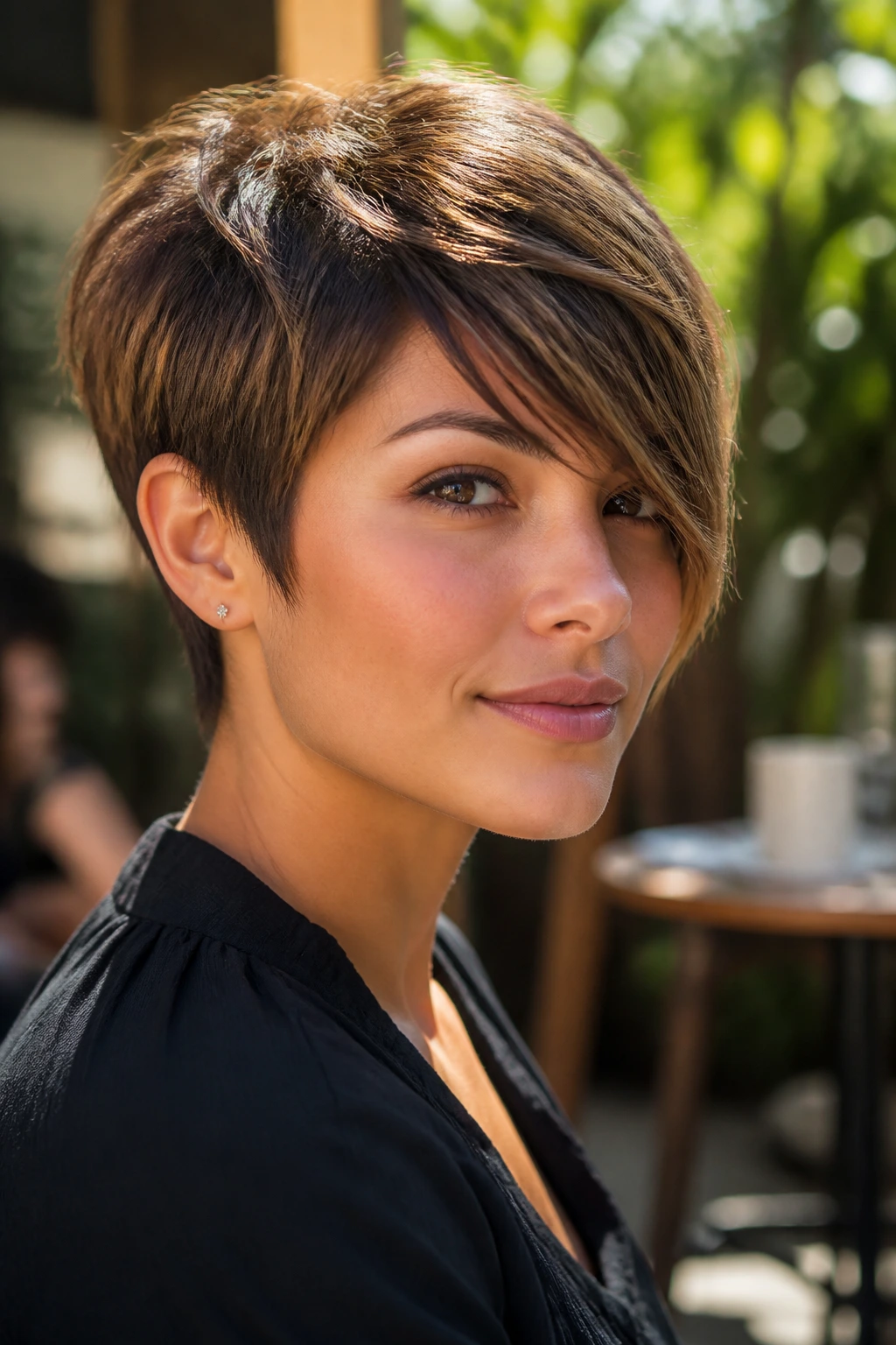 Close-up of a real woman with long side-swept fringe pixie showing diagonal fringe and cheekbone