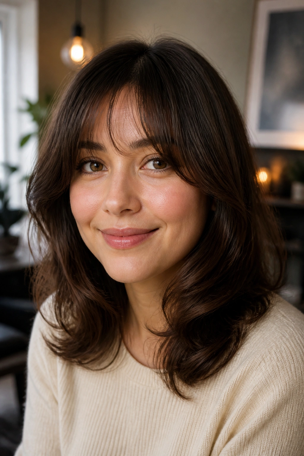 Portrait of soft swept-under bangs curling in, framing cheeks in warm light.