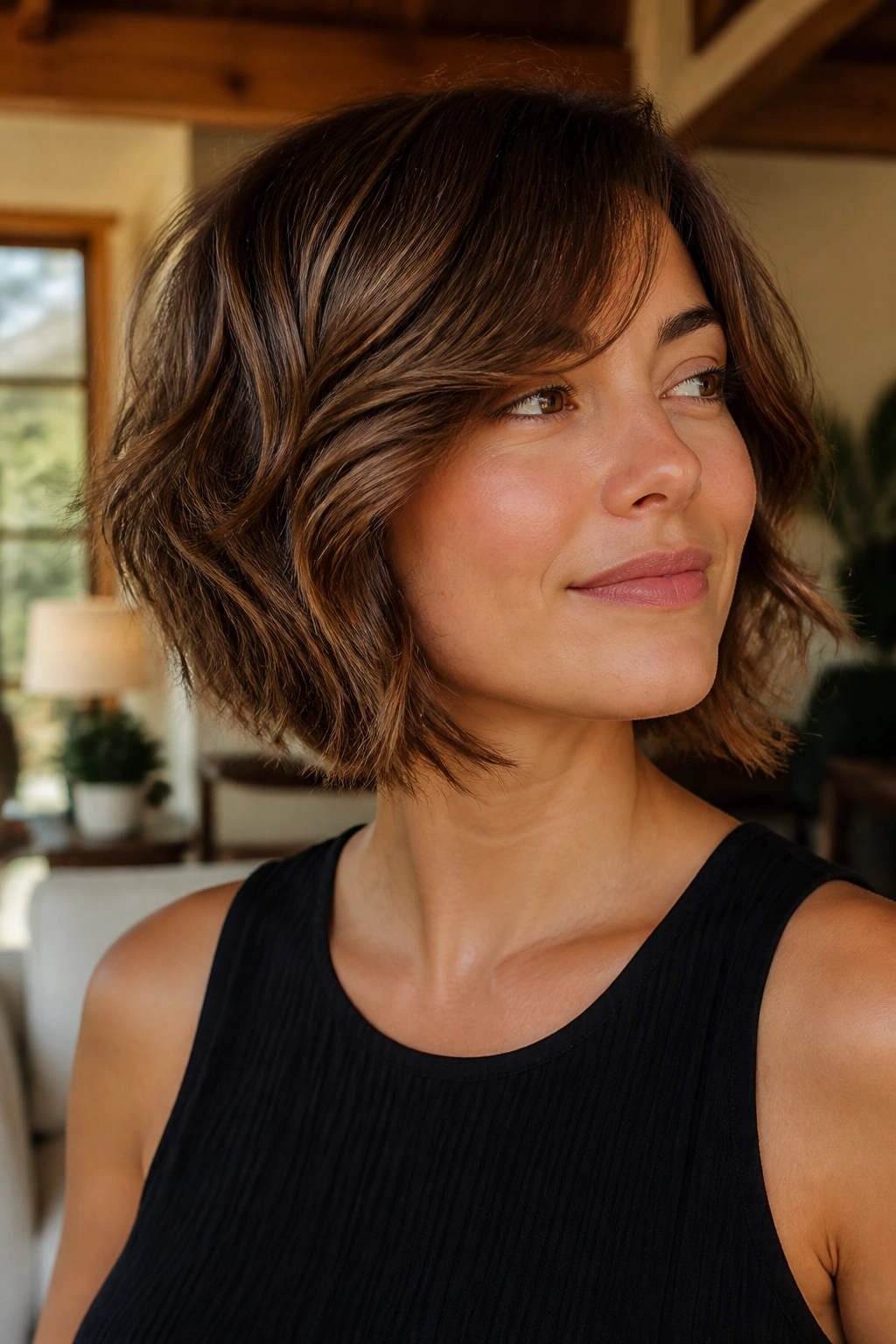 Portrait of a woman with a swing bob and soft layers, hair in motion