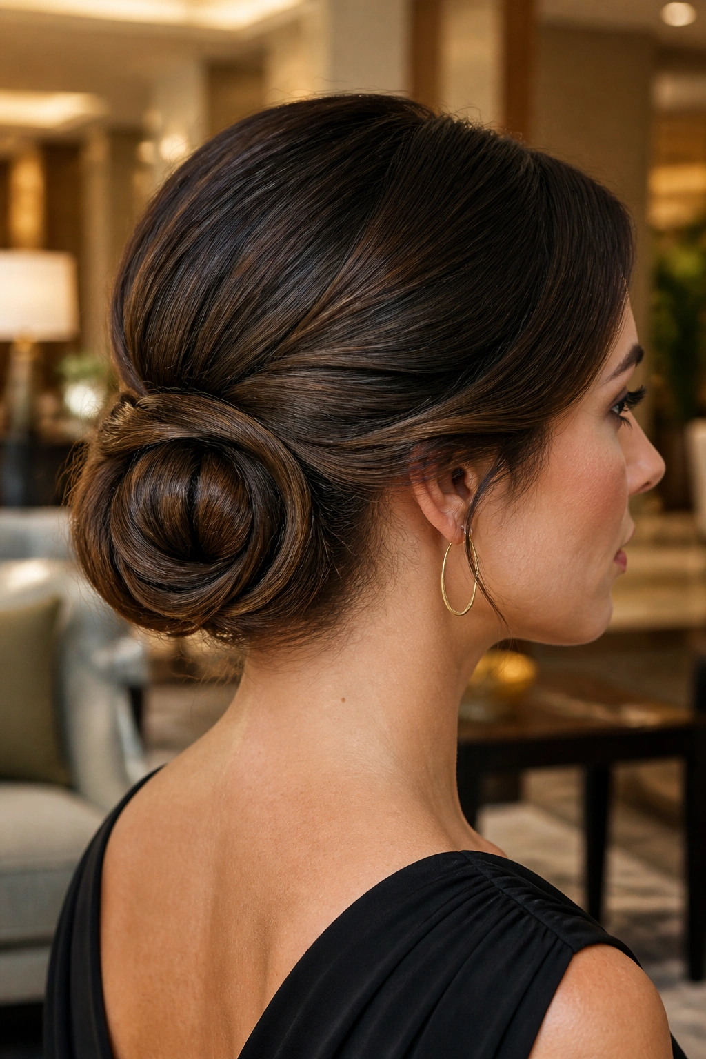 Profile view of woman with a low swirl chignon at the nape