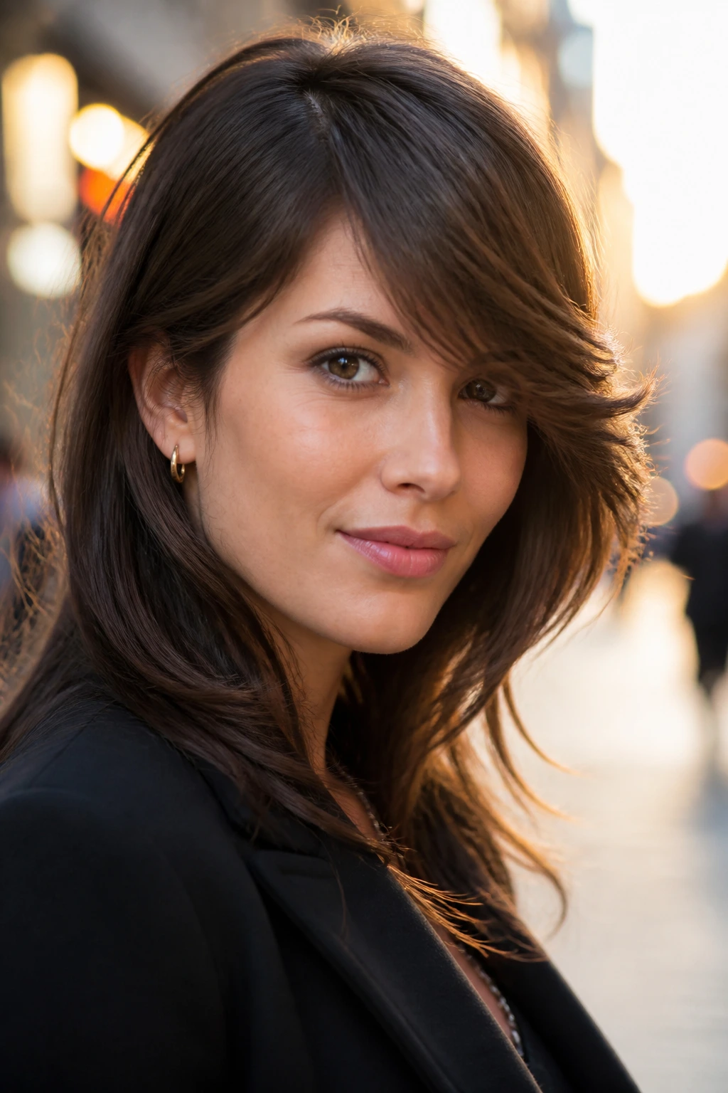 Close-up of a woman with swooping layered bangs sweeping across her forehead