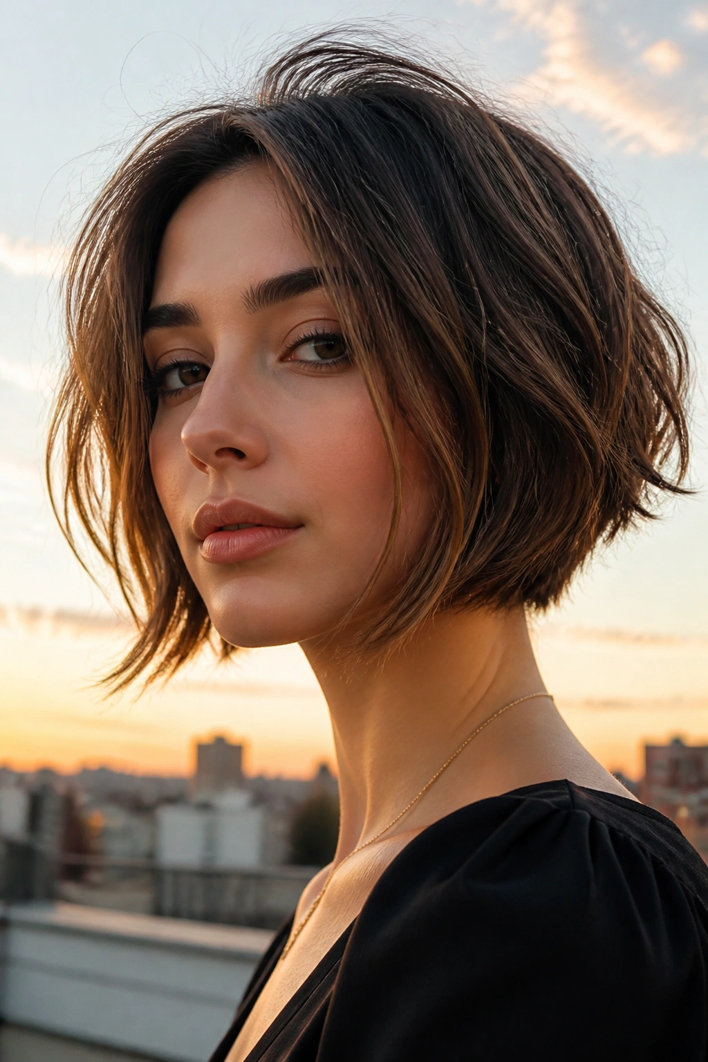 Portrait of a real woman with a swoopy bob and long face-framing pieces in golden hour light.