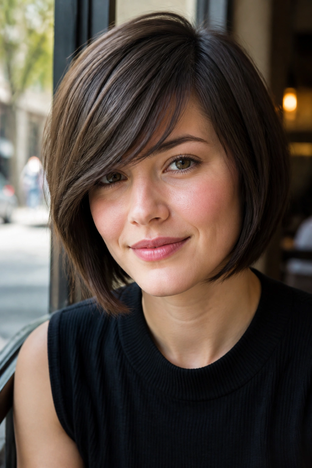 Close-up portrait of a real woman with a swoopy bob and long side fringe.