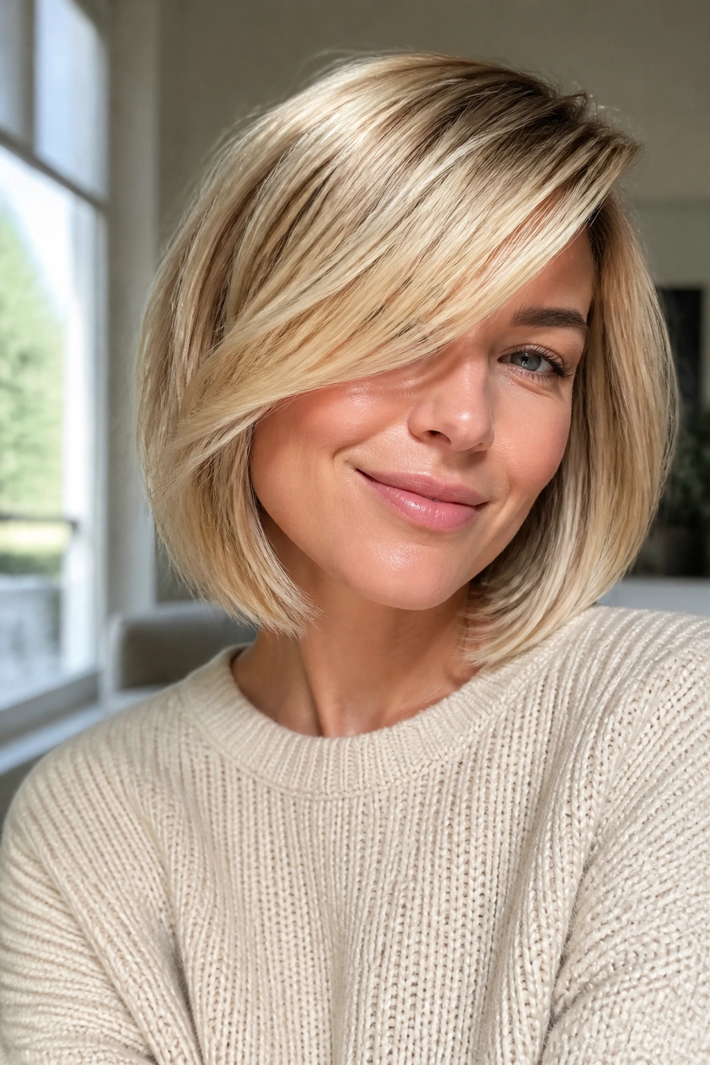 Real woman with swoopy bob and long side bangs in creamy blonde