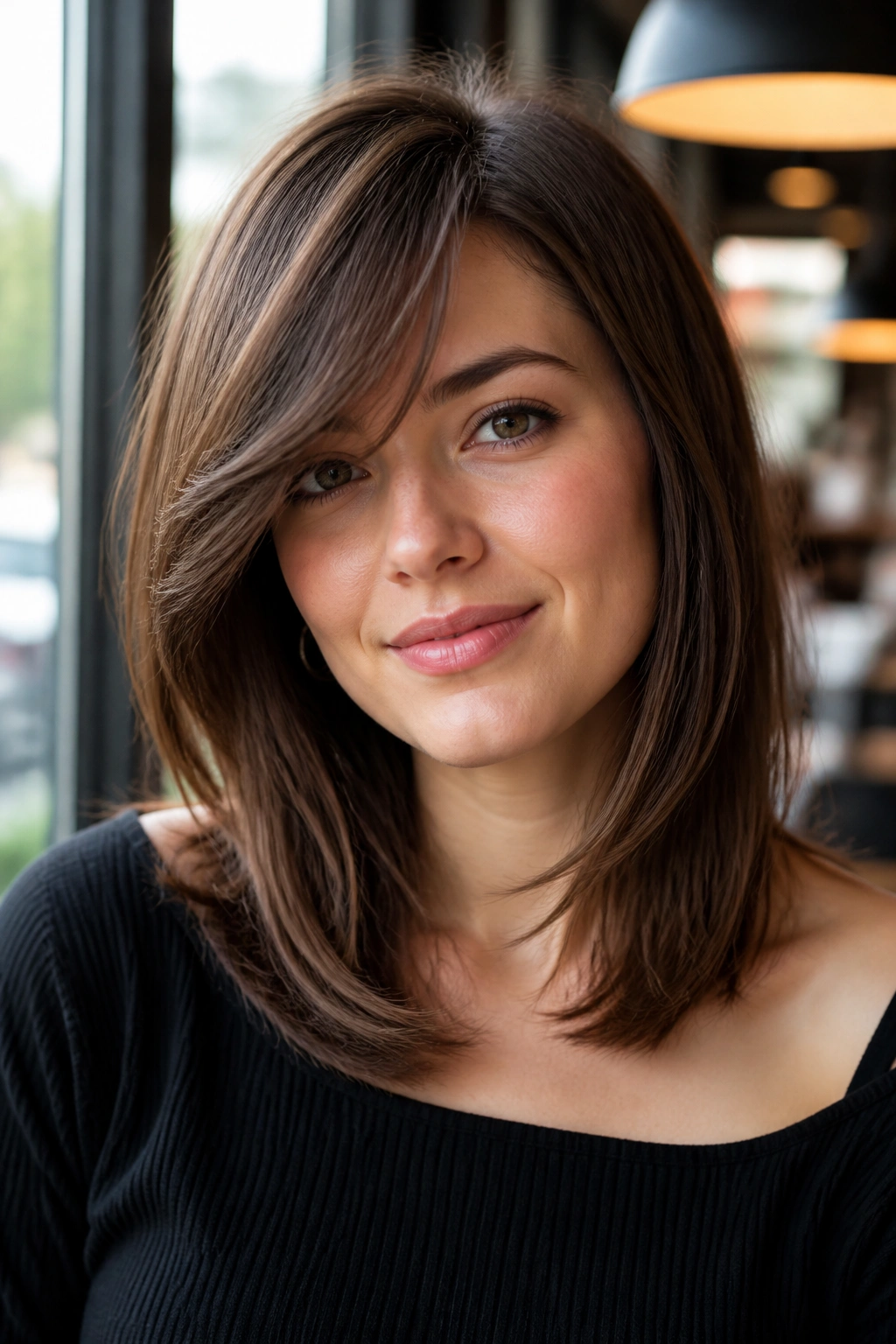 Swoopy fringe with collarbone-length hair on real woman in cafe light