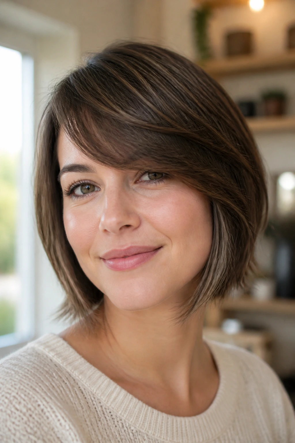 Close-up portrait of a real woman with a swoopy fringe and jaw-length layers.