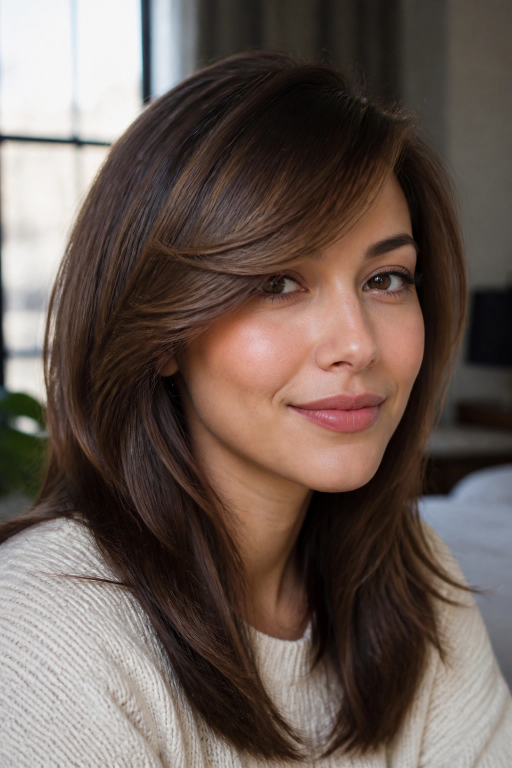 Close-up portrait of a real woman with a swoopy fringe sweeping across the forehead