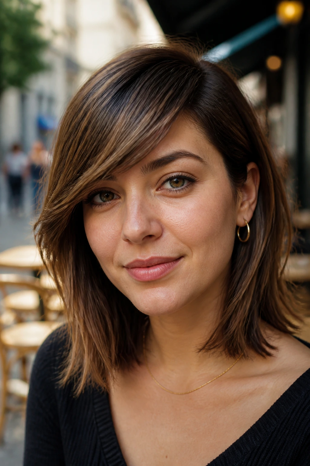Real woman with a swoopy side-swept fringe
