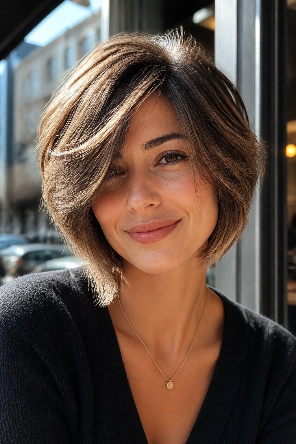 Portrait of a woman with a swoopy layered bob and a side-swoop.