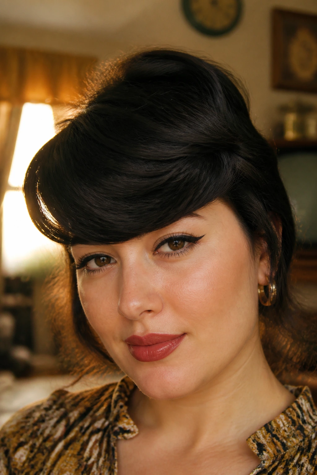 Close-up of a real woman with swoopy retro bangs in golden hour light