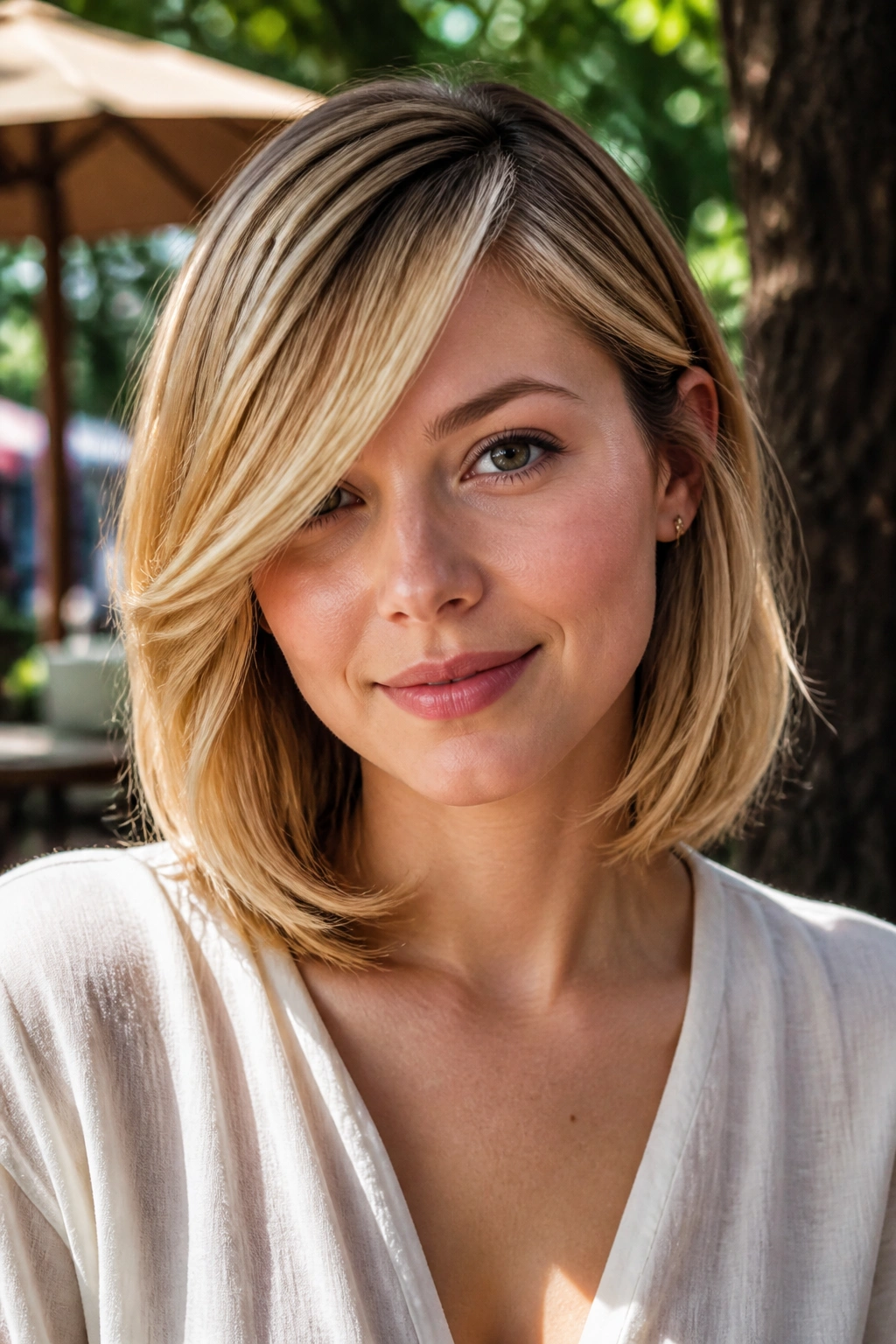 Close-up of a real woman with a swoopy side-bang bob.