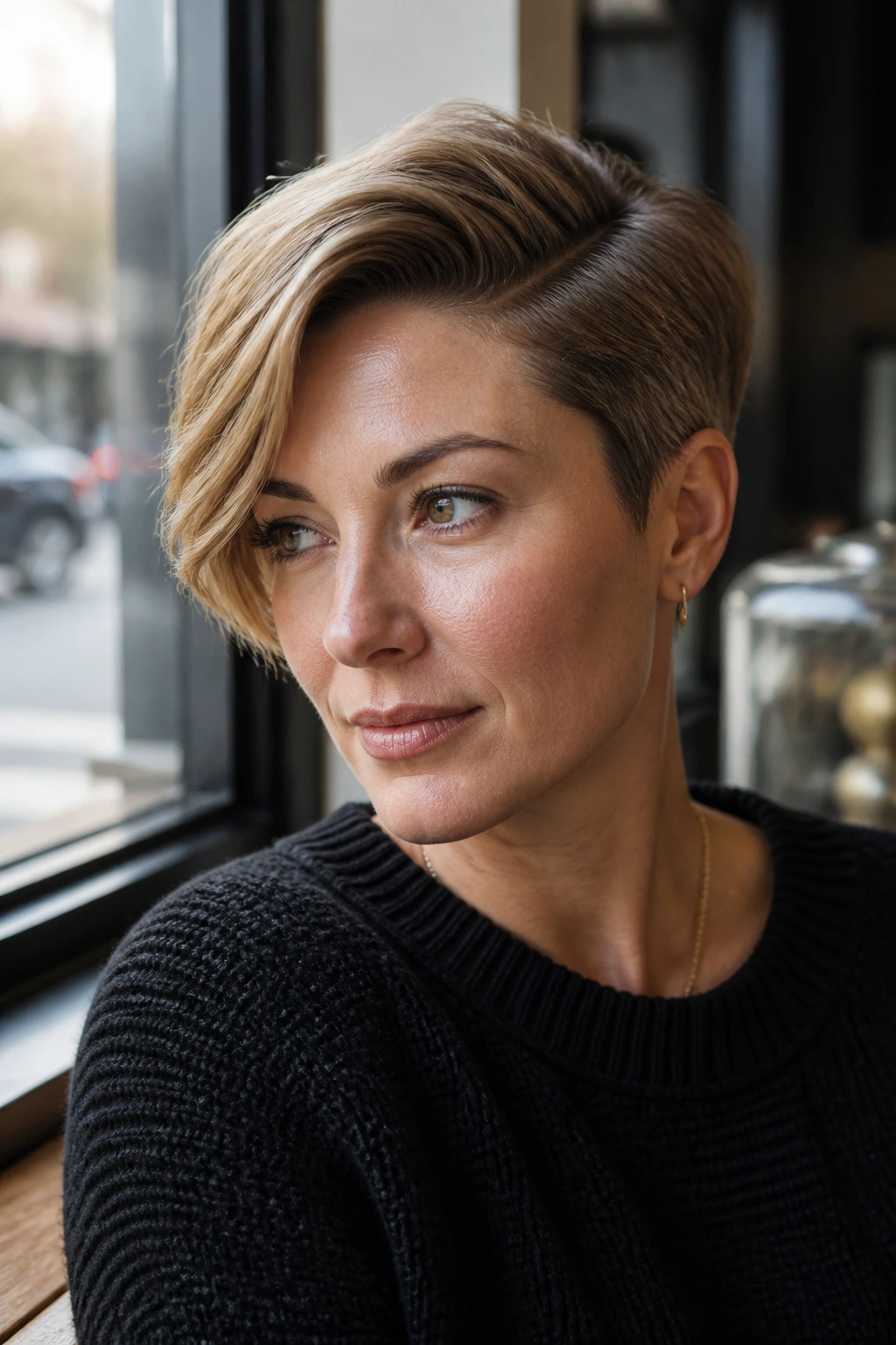 Portrait of a real woman with a swoopy side-part pixie showing a deep side part and strong ridge.
