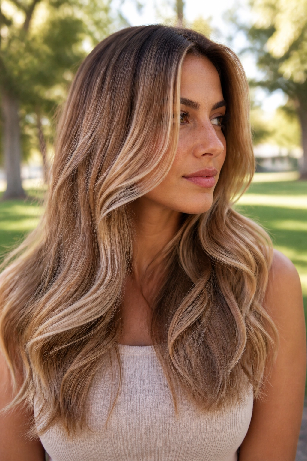Close-up of real woman with thick hair showing taffy caramel blend