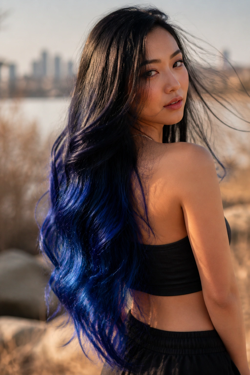 Real woman with tailbone-length ombre cascade in black navy cobalt