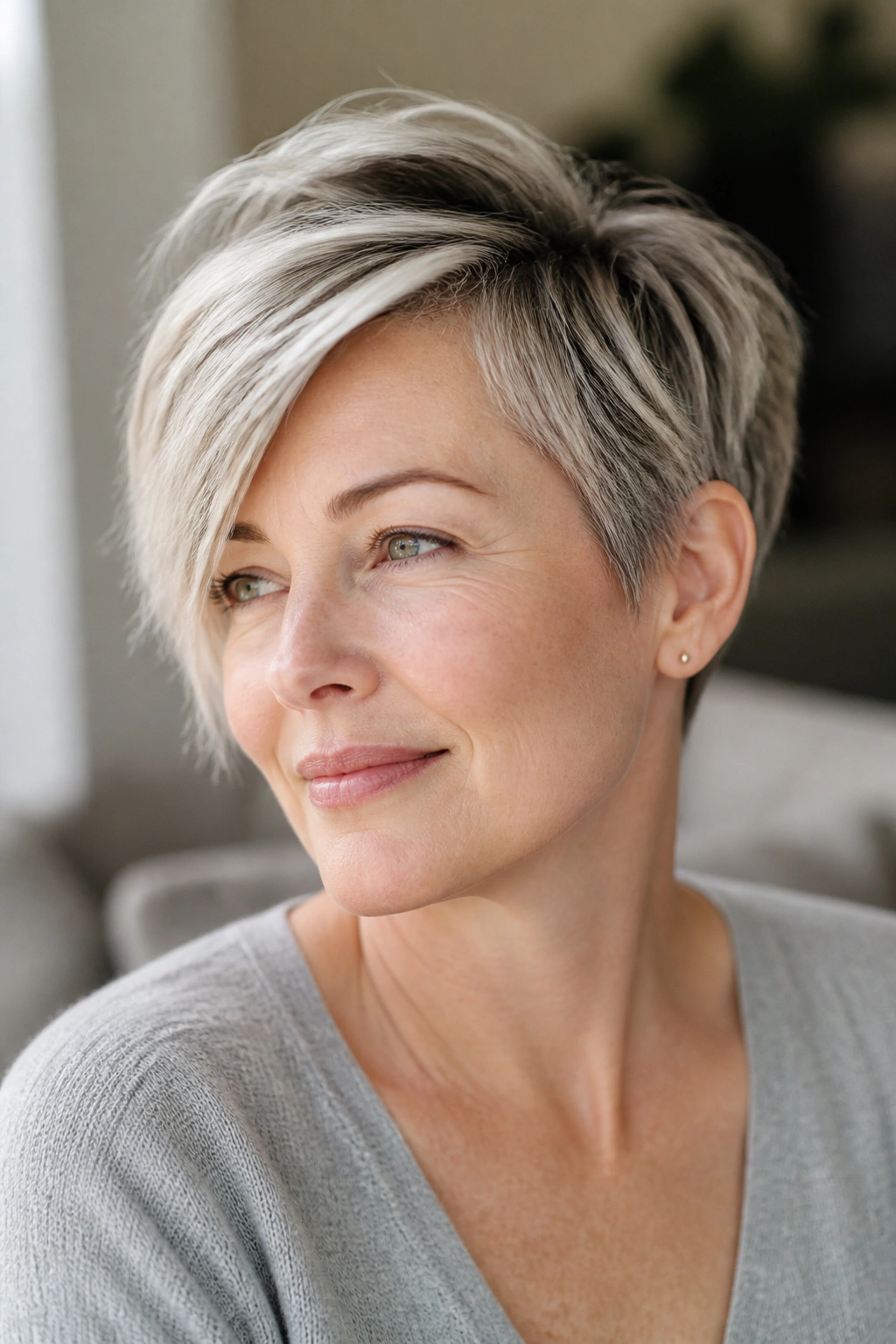 Close-up portrait of a real woman with a tailored asymmetrical pixie for fine hair, longer front piece and clean perimeter.