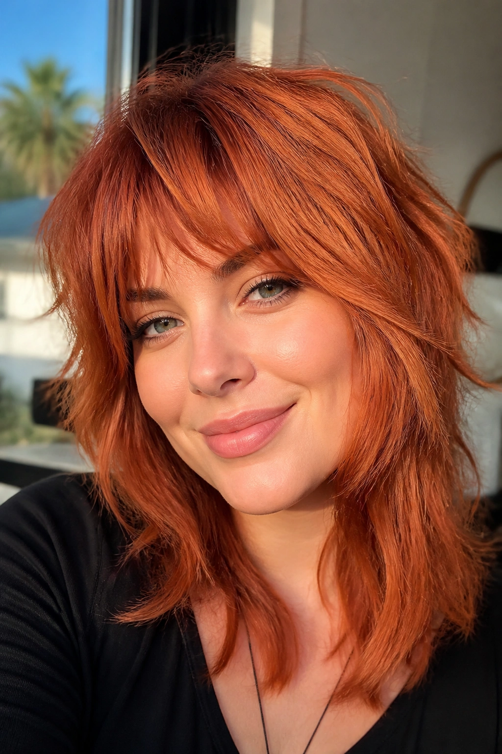 Close-up of a real woman with a tangerine copper shag hairstyle.