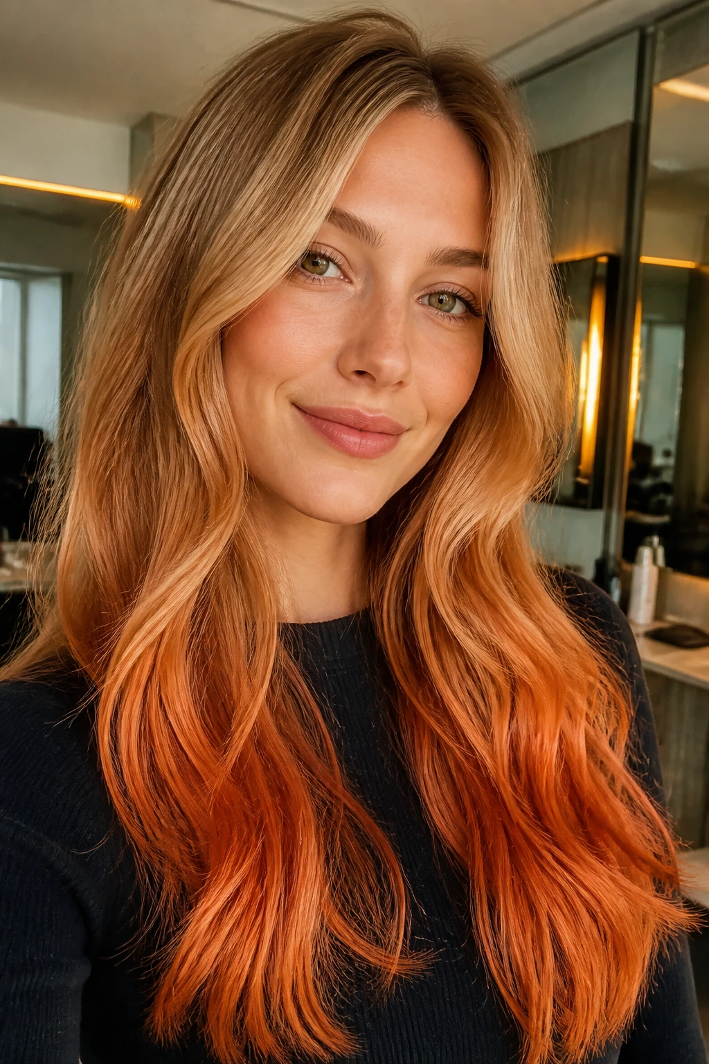 Close-up of a real woman with a bold tangerine kiss gradient on long hair