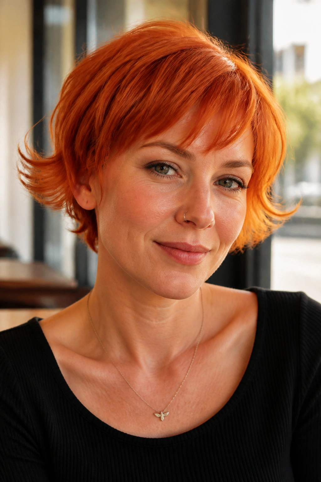 Portrait of a real woman with tangerine red pixie and flipped ends by a cafe window