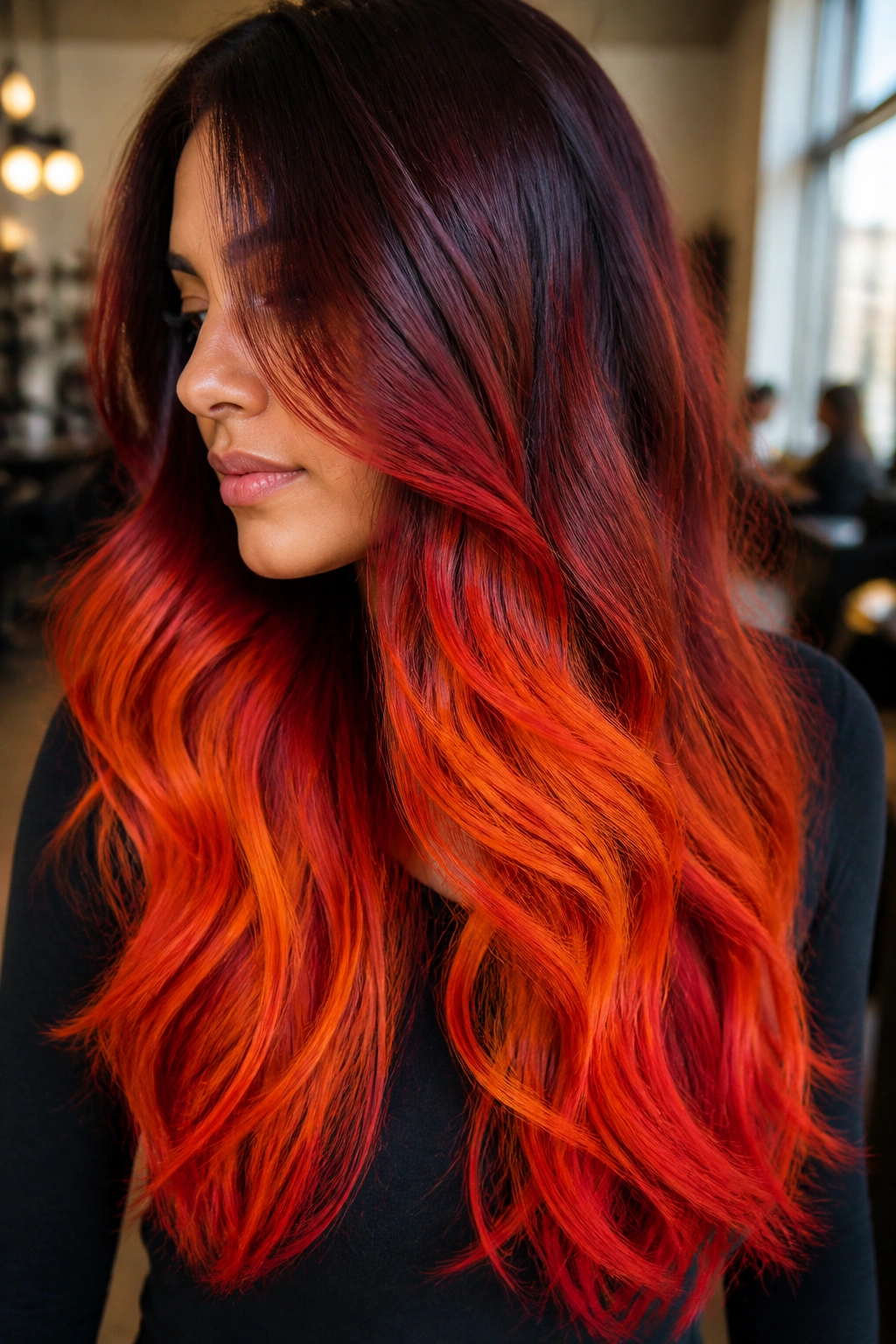 Real woman with thick long hair in a tangerine-to-ruby gradient, close-up portrait with warm light